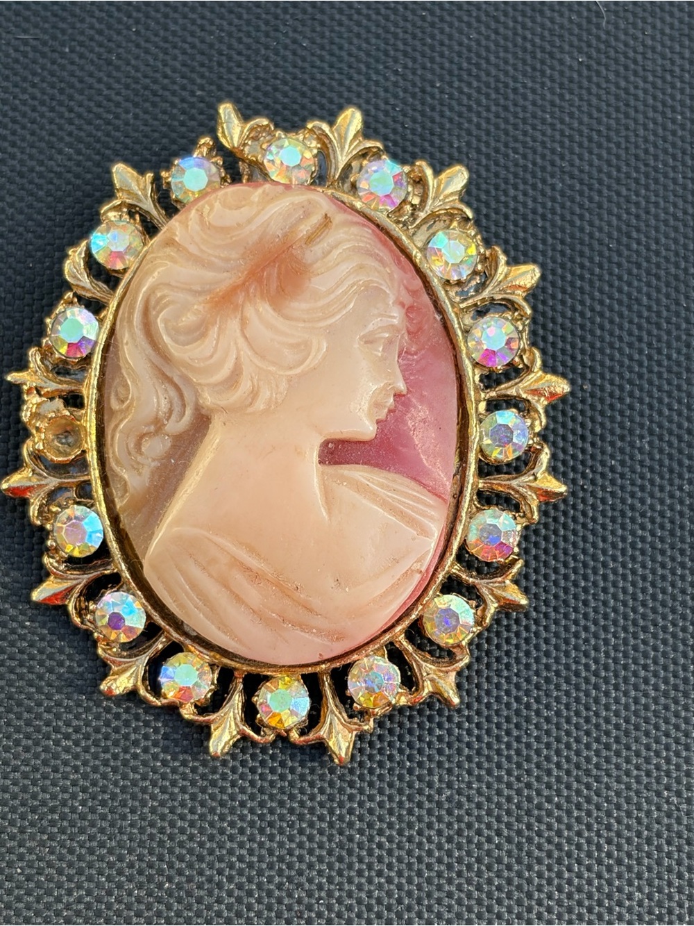 Vintage-Inspired Pink Cameo Brooch with Aurora Crystal Accents